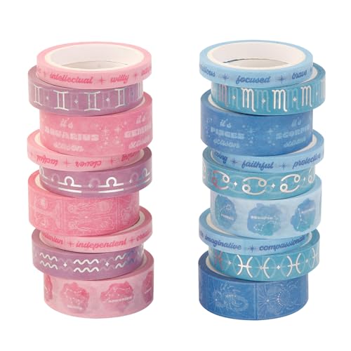 Washi Tape Set of 18 Rolls, Assorted Sizes, Decorative Tape for Journaling, Scrapbook, DIY Décor, Craft Supplies, Gift Wrapping, Metallic Foil, Celestial Pink and Blue - color: Celestial Pink and Blue