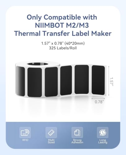 NIIMBOT M2/M3 Thermal Transfer Labels 1.57" x 0.78" (40x20mm) | Only for NIIMBOT M2/M3 Label Maker, PET Material, Waterproof and High-Temperature Resistance, Long Storage Time,Black - size: 40*20MM black