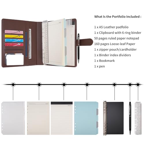 Wason A5 Binder PU Leather Journal Ring Portfolio Lined Notebook Refillable Paper Diary with Removable Clipboard Writing Notepad for Travel Business School Agenda Organizer (Coffee) - color: Coffee