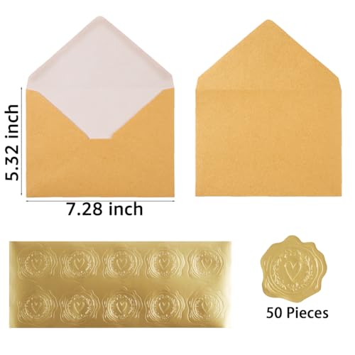 50 Pieces A7 Envelopes 5x7 with Gold Stickers, Rose, Gold | Vines Flower Texture Pattern, V Flap Luxury Mailing for Invitations, Wedding, Graduation, Baby Shower - color: Rose - Gold