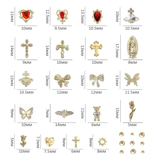 80+Pcs Gold Nail Charms with Nail Art Rhinestones Gold Cross Virgin Mary and Rose Heart Nail Gems for Acrylic Nails Accessories for Women Manicure Craft DIY Decorations Supplies - color: 80+ Pcs Golden Series