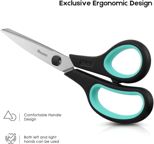 iBayam 8.5" All Purpose Sharp Black Scissors, Comfort-Grip Handles, 24-Pack | 2.5MM Thick Blade, School Student Teacher Classroom Must Have, Office Desk Home Sewing Fabric Supplies, Right & Left Handed - color: Red, Green, Blue, size: 24-Pack