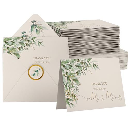 VNS Creations 100 Thick & Sturdy Blank Wedding Thank You Cards 4x6 Inches - color: Greenery & Gold, size: 100 Pack - 4" x 6" (Value Pack)