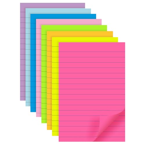 (8 Pads) Lined Sticky Notes 4x6 in, 8 Bright Colors, Self-Stick Note Pads - size: 4X6 in