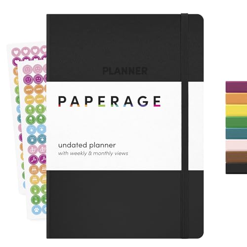 PAPERAGE Undated Weekly & Monthly Hardcover Planner (Black), 5.6 in x 8 in, Includes Lined Note Pages & 2 Sticker Sheets - color: Black, style: Casebound