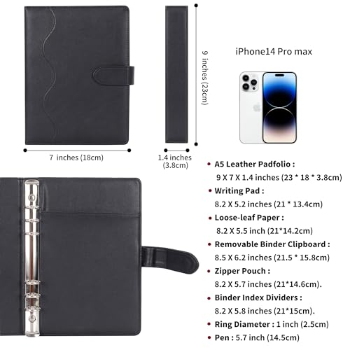 WASON A5 Binder PU Leather Journal Ring Portfolio Lined Notebook Refillable Paper Diary with Removable Clipboard Writing Notepad for Travel Business School Agenda Organizer (Black) - color: Black