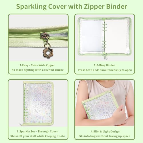 4 In 1 Sticker Storage Organizer, A5 Sticker Binder with Storage Pocket & Release Paper, Glitter Reusable Stickers Book Collecting, Blank Stickers Album Holder for Adult Container Display(Green) - color: Green