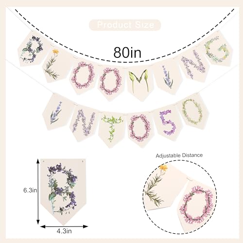 Blooming Into 50 Banner - 50th Wedding Anniversary Decoration, Floral Banner Party Decoration, Happy Fifty Birthday Theme Wreath, Milestone Birthday Party Supplies (Blooming Into 50) - color: Blooming Into 50