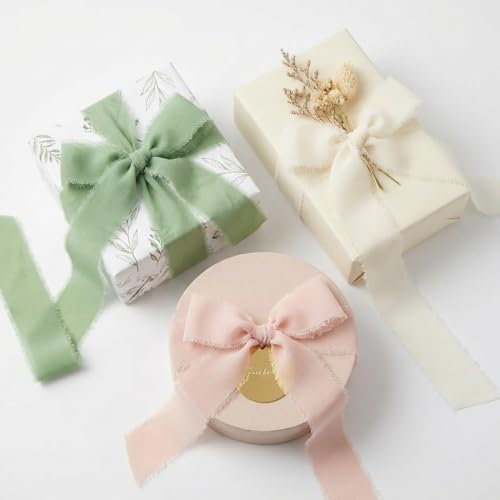 1" x 27 Yd Chiffon Silk Ribbon Set - 3 Rolls Handmade Fringe Fabric - color: PINK,GREEN,IVORY