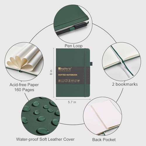 &And Per Se Dotted Notebook with Pen, A5 Hardcover Dotted Journal, 160 Pages 100GSM Thick Paper Dot Grid Journal with Fineliner Pen (Green) - color: Green, size: 160-Dotted