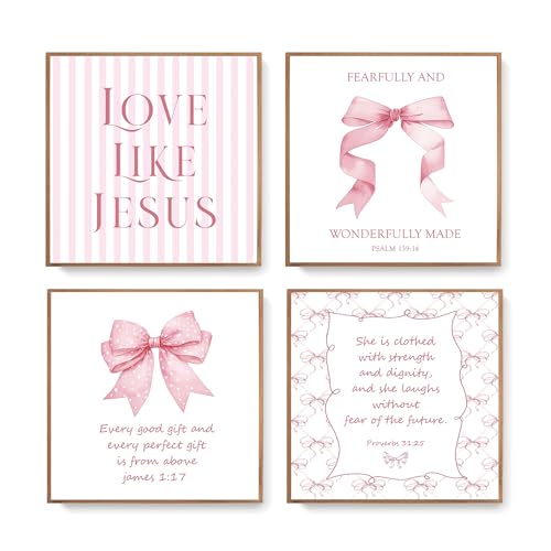 LARTSFRO Coquette Pink Bow Jesus Wall Art Decor Posters, Light Pink Bow Christian Room Bedroom Bathroom Dorm Wall Art Decor Aesthetic for Teen Girls College Gifts, Inspirational Bible Verses Bow Wall Decor, 10x10 Inch Set of 4 Bow Pictures (UNFRAMED) - co