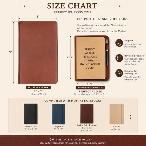 Refillable A5 Leather Journal Notebook Cover 5.75 X 8.25 In, Tan | Handmade Refillable Leather Cover Fits Medium A5 5.75 X 8.25 In Notebooks And Cahier Journals Ideal For Travelers And Writers - color: Tan