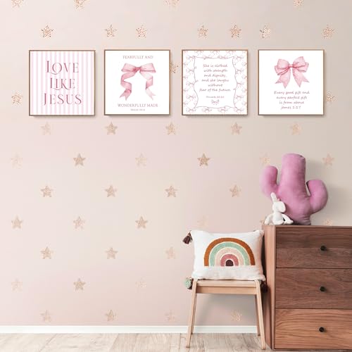 LARTSFRO Coquette Pink Bow Jesus Wall Art Decor Posters, Light Pink Bow Christian Room Bedroom Bathroom Dorm Wall Art Decor Aesthetic for Teen Girls College Gifts, Inspirational Bible Verses Bow Wall Decor, 10x10 Inch Set of 4 Bow Pictures (UNFRAMED) - co