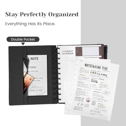Hardcover Refillable Journal Notebook with Removable Divider Tabs, 300 Pages Leather 5 Subject Discbound Notebook College Ruled for Work School Note Taking,10x11.5" Lined Journal for Men & Women,black - color: Black, size: Large