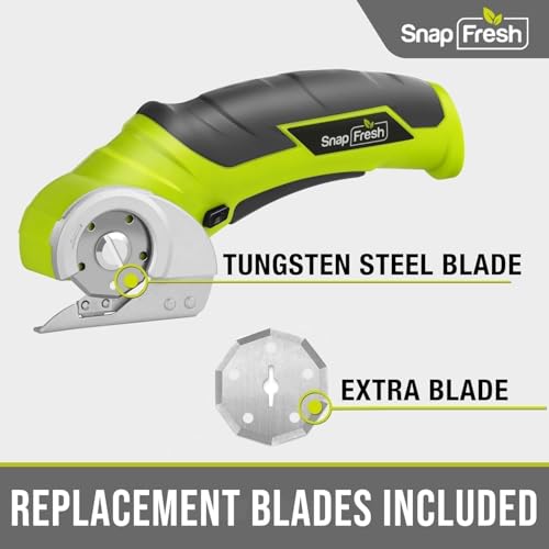 SnapFresh Cordless Electric Scissors, 4V Electric Mini Box Cutter, Carpet & Cardboard Cutter Tool with a Replacement Blade/Charger, Rotary Cutter for Cardboard Packages Leather Plastic （Green） - color: Green