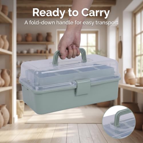 Quntharil Pottery Tool Organizer, 3-Tier Pottery Tool Storage Box with Removable Dividers, Plastic Craft Organizer Case Art Supply Storage with Handle and Safety Latch for Studio & Travel, Green