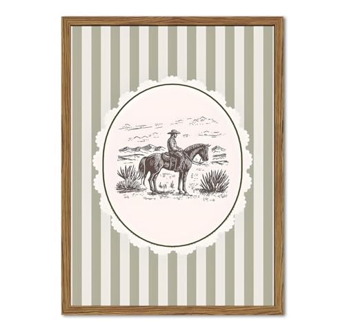 Western Cowboy Wall Art Vintage Southwest Wall Decor Painting, Retro Rodeo Stripe Poster Canvas Print Picture for Living Room Bedroom 16x24 inch Wood Framed - color: Green Cowboy, size: 24"L x 16"W