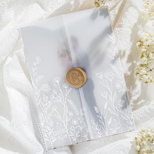 50 Pack Pre-Folded Vellum Jackets for 5x7 Invitations,AZAZA Elegant Translucent Invitation Sleeves,115GSM Vellum Jackets 5x7, Wedding Invitation Accessories,for Weddings Birthdays,White Wildflower - color: White Wildflower Pattern