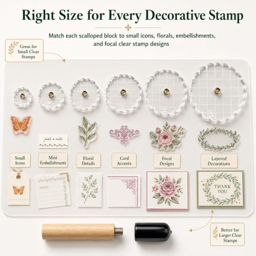 Clear Acrylic Stamp Block Set with Detachable Wooden Handle, 6 Scalloped Edge Acrylic Stamping Blocks with 1/2in Grid, Silicone Mat & Storage Case for Card Making, Scrapbooking, Journaling
