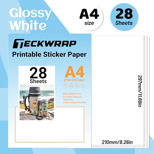 TECKWRAP Printable Vinyl Sticker Paper for Inkjet Printer, Glossy White Inkjet Printable Sticker Paper, 8.26" x 11.69" A4 Size for Craft Cutter, Scrap-booking, Home Decor, 28 Sheets/Pack - color: 28PCS Glossy White