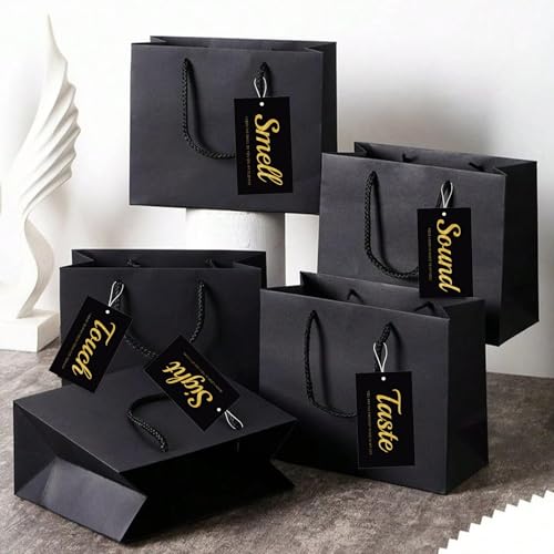 5 Senses Gift Tags Set - Five Senses Card for Him - Anniversary, Valentine's Day, Birthday - Black with Gold Letters - 5 Tags + 1 Greeting Card（Happy Birthday toyou）