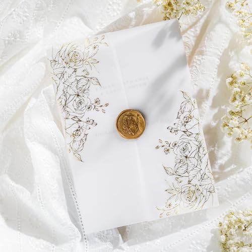 50 Pack Pre-Folded Vellum Jackets for 5x7 Invitations,AZAZA Gorgeous Translucent Invitation Sleeves,115GSM Vellum Jackets 5x7, Wedding Invitation Accessories,for Weddings Birthdays,Golden Roses - color: 50Pack--Real Gold Foil Stamping Roses