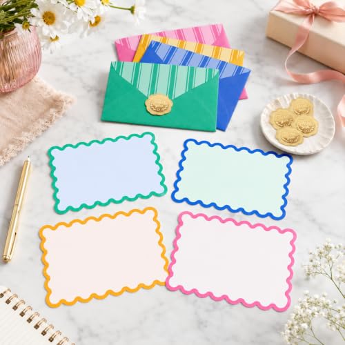 Whaline 60Pcs Flat Blank Note with Envelopes 4 Neon Color Scalloped Stationery Card Non Folding Double-Sided Note Cards for Wedding Birthday Baby Shower, 5.6 x 3.5 Inch - color: pink yellow blue green
