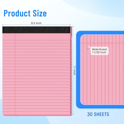 3pcs Legal Pads 8.5 x 11, Pink Notepads 8.5 x 11 In, Perforate Wide Ruled - color: Pink