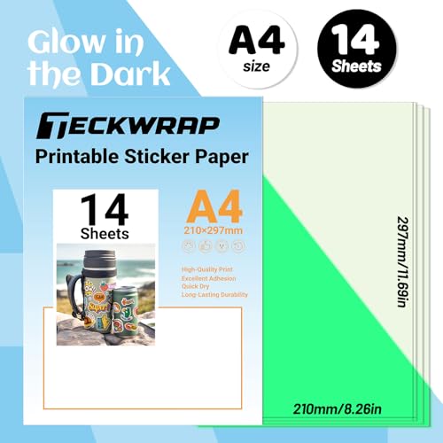 TECKWRAP Printable Vinyl Sticker Paper, Glow in the Dark Sticker Paper for Printer, A4 Inkjet Printable for Custom Stickers, Photo Paper Printing Paper, 8.26" x 11.69" 14 Sheets/Pack - color: 14pcs Glow in Dark