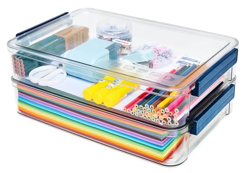 CATOOMUU 2-Pack 9x13 Clear Plastic Project Case Stackable Storage Box - color: Large-Blue