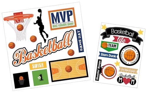 Basketball Scrapbook Stickers - Game Day Themed Embellishments for Scrapbooking, Planner, Album, Memory Book, Sports Theme Poster Board - 2 Items