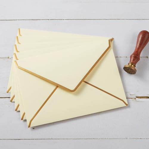 50 Pack A7 Envelopes Cream Color 5 x 7 with Gold Border | Self-Adhesive, V Flap, For Wedding, Graduation, Baby Shower, Parties, Invitations - color: Cream Color, size: A7 (5.32x7.28)