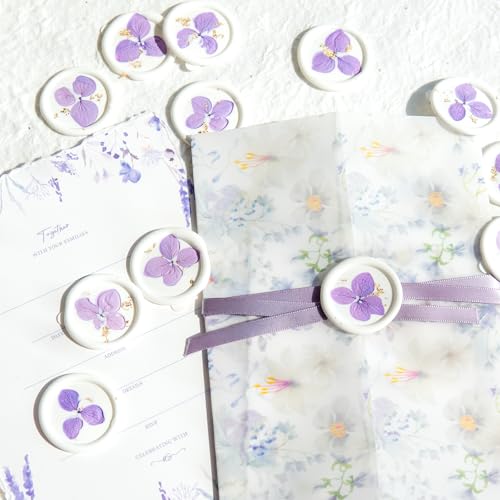 Nuvretk 20pcs White Wax Seal Stickers with Dried Flowers & Gold Foil – Handmade Envelope Seals for Wedding Invitations & Gift Wrapping (Purple) - color: Purple