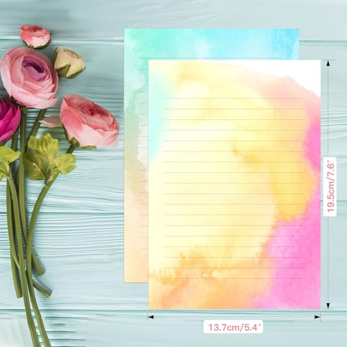 Watercolor Stationary Paper and Envelopes Set, 24 PCS Colorful Writing Stationery Paper with 12 PCS Envelopes,Pretty Watercolor Styles Stationery Printed Design for Love Letter, Party Invitations