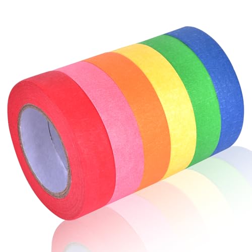 ALLWIN 6 Pack Colored Masking Tape, 0.6" x 15 Yards Drafting Tape - 6 Bright Colors for Arts, Crafts, Labeling & Painters, Easy-Tear & Residue-Free Paper Tape