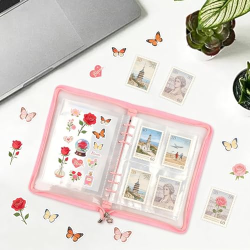 Sticker Organizer Binder with Clear Pockets & Zipper, Reusable A5 Stickers Collecting Book Album Holder with 10 Release Papers for Planner, Journaling, Sticker Collection (pink) - color: Pink
