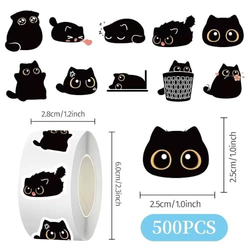 1000 Pcs Black Cats Decor Stickers Bulk 2 Roll 1 Inch,Cute Animal Sticker Pack Book Water Bottles Laptop,Cartoon Cat Meme Stickers for Boys Girls - color: Black Cats