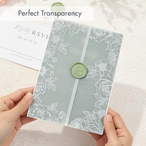 AZAZA 100 Pack Pre-Folded Vellum Jackets for 5x7 Invitations, Translucent Invitation Sleeves,115GSM Vellum Jackets 5x7, Wedding Invitation Accessories,for Weddings Birthdays,White Flower Border - color: 100Pack--White Flower Border