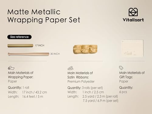 Vitalizart Matte Metallic Gold Wrapping Paper Set 17" Ribbons & Gift Tags | All-In-One Recyclable Luxury Elegant Gift Paper Roll Christmas Holiday Bridal Baby Shower Wedding Girls Boys Birthday 197" - color: Gold Paper & Gold Ribbons, size: 17 Inch