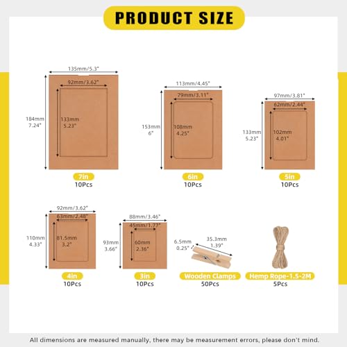 50 Set Brown Paper Picture Frames, Includes 3" 4" 5" 6" 7" Cardboard Hanging Photo Frames with Wooden Clips, Strings for Home Decor - color: Brown, size: 5 Sizes