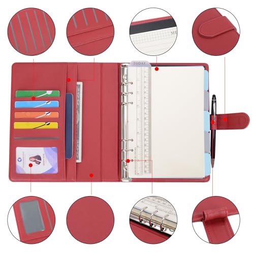 WASON A5 Binder PU Leather Journal Ring Portfolio Lined Notebook Refillable Paper Diary with Removable Clipboard Writing Notepad for Travel Business School Agenda Organizer (Red) - color: Red