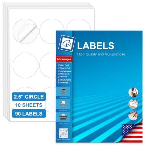 2.5 Inch Round Labels for Laser & Inkjet Printers, Printable Circle Stickers for Thank You,Brand Logo, Storage Container, Gift Box Seal, Packaging Labels, 90 White Adhesive Labels (10 Sheets) - size: 2.5 IN-10 Sheets(HB-C009)