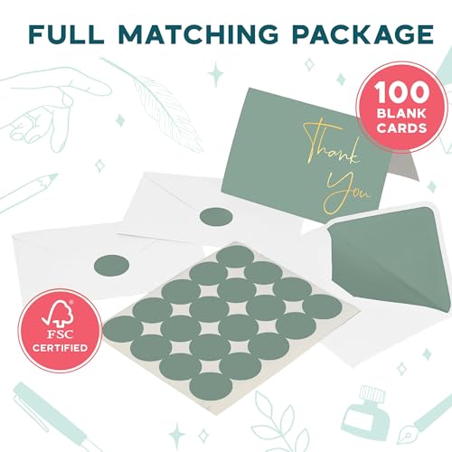 VNS Creations Thank You Cards With Envelopes - 100 Pack 4 x 6 - Green - color: Granite Green (Gold Foil), size: 100 Pack - 4" x 6" (Value Pack)