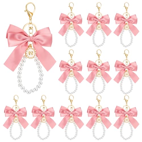 Large Pink Bow Pearl Keychain Set, Elegant Bag Charm with Ribbon and Faux Pearls, Cute Metal Key Ring for Handbags Backpacks Purse Keys, 12 Pieces