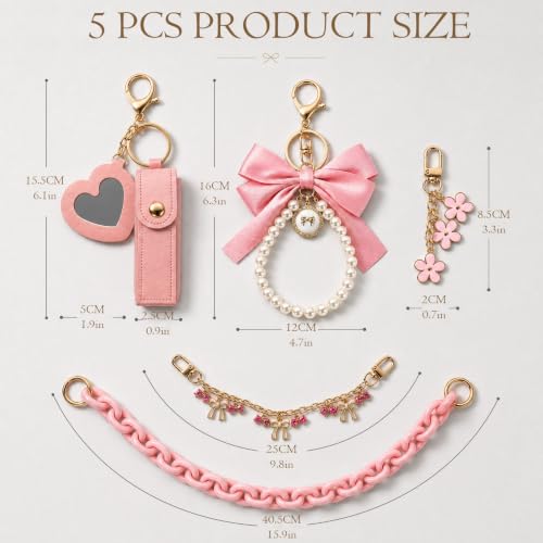 5 Pcs Pink Bow Bag Charms Set, Purse Handbag Chain for Women