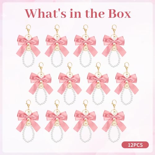 Large Pink Bow Pearl Keychain Set, Elegant Bag Charm with Ribbon and Faux Pearls, Cute Metal Key Ring for Handbags Backpacks Purse Keys, 12 Pieces