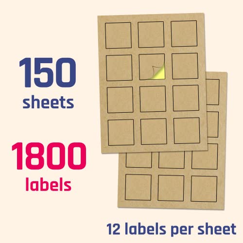 2" x 2", Printable Brown Kraft Labels Stickers Square - 150 Sheets | Laser/Inkjet Printing, comes with Print Templates - size: 150 Sheets, style: 2" x 2" | 12 per Sheet
