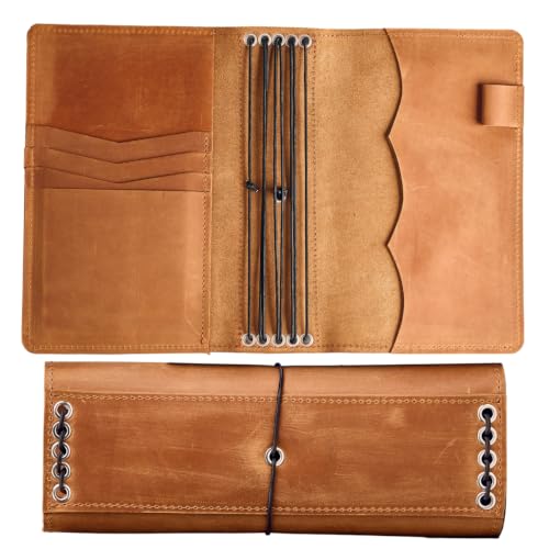Leather Journal Cover for Regular 4.5" x 8.5" Notebook, Refillable Leather Notebook Case with 5 Elastic Bands, Pen Holder & Pockets, Travel Journal Organizer (Paper Not Included), Caramel Brown - size: Regular