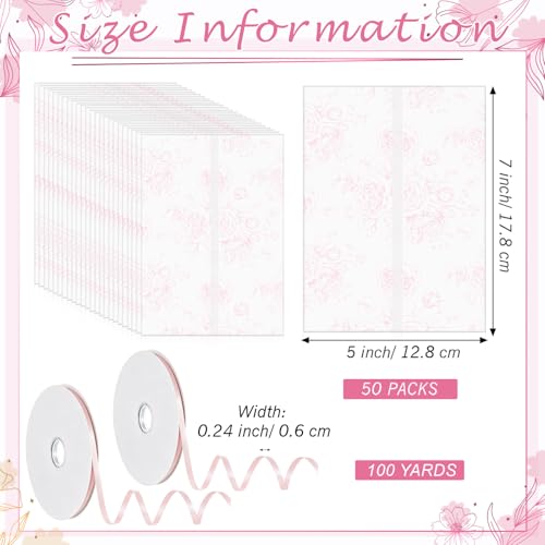 100 Pcs Pre Folded Floral Vellum Jackets for 5x7 Invitations, Wedding Translucent Vellum Paper with Ribbon, Envelope Liners for Wedding Bridal Baby Shower Birthday Mother Event(Pink) - color: Pink