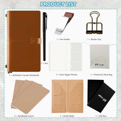 Leather Journal Travelers Notebook - 8.6 x 4.7 Inches Standard TN, Refillable Travel Journal with 3 Inserts, Zipper Pocket, Pen Holder, Binder Clip, Leather Notebook for Travel, Students, Office, Light Brown - color: TNS-Light Brown